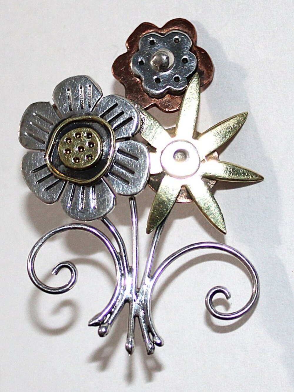 Vintage Far Fetched Sterling Silver Mixed Metal Flower Bouquet Brooch